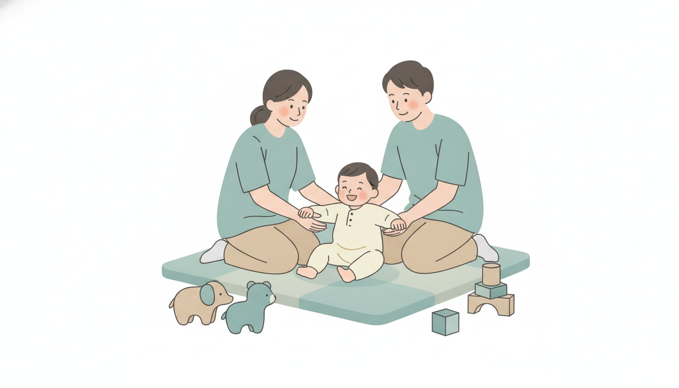 乳幼児が保護者と一緒に療育を受けている様子のイラスト