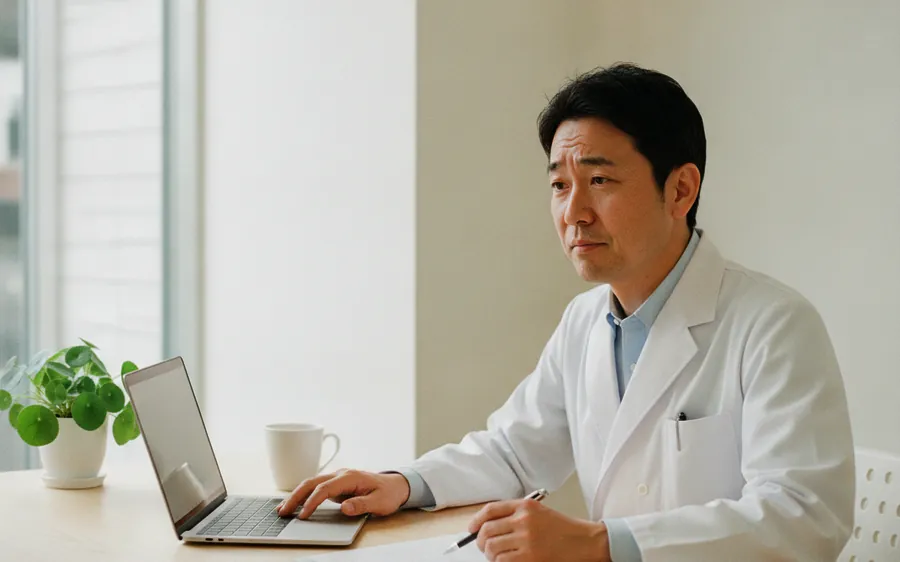 A medical professional at a computer, looking mildly stuck