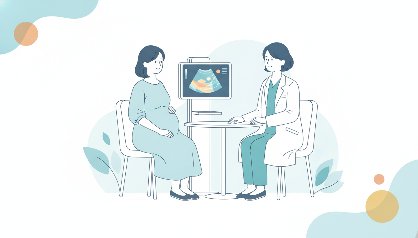 出生前検査の結果について妊婦が医師と遺伝カウンセリングを受けている様子のイラスト