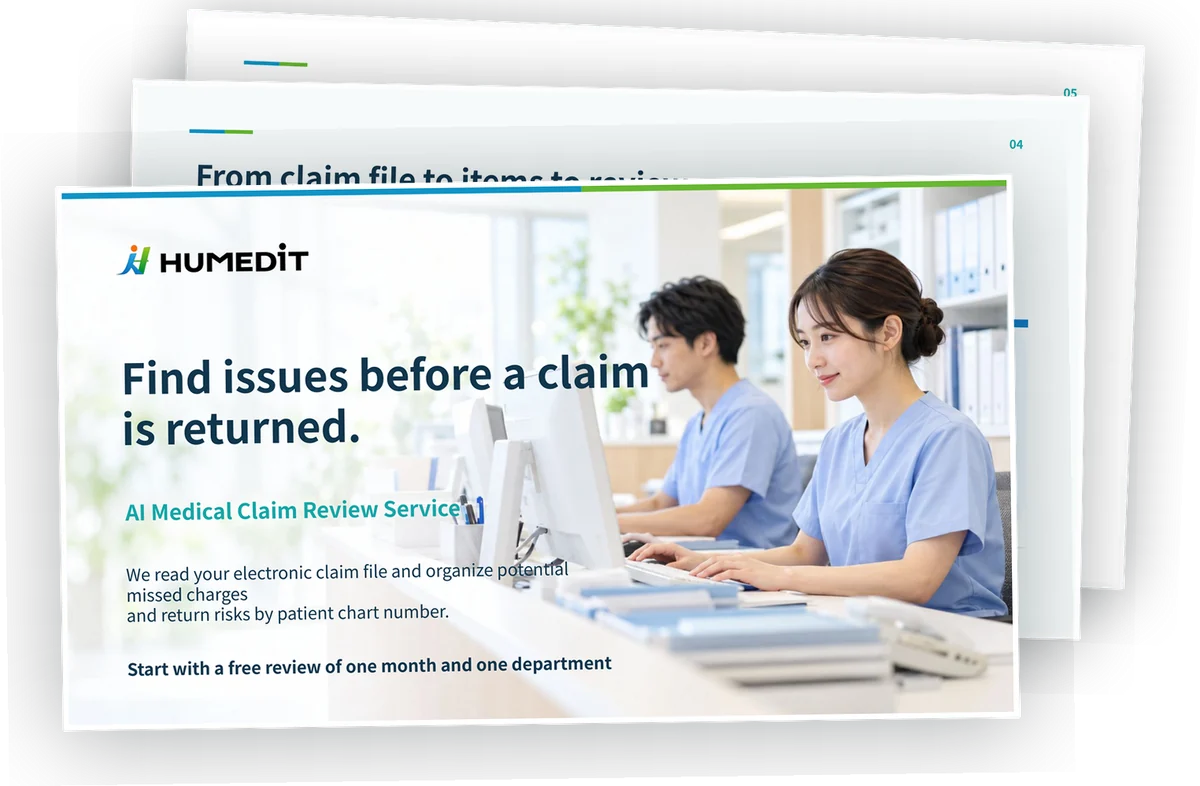 The service overview document: a cover reading "Find issues before a claim is returned. AI Medical Claim Review Service", with the inside page "From claim file to items to review" showing behind it