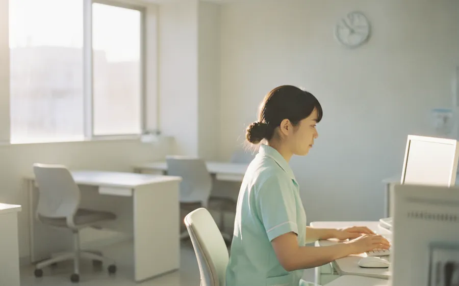 夕方の誰もいない事務室で、ひとり確認作業を続けている医事スタッフ